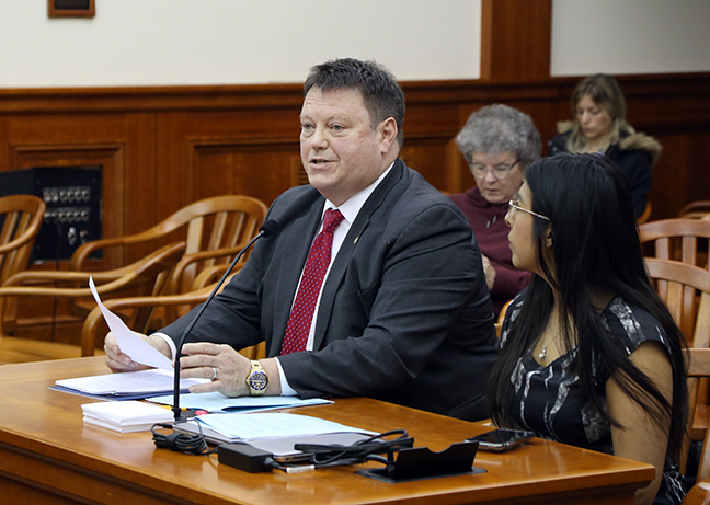 State Rep. Patrick Green (D-Warren) testifies on his House Bill 5032, which would prohibit fraudulently obtaining or attempting to obtain an elder adult’s money or property, before the House Law and Justice Committee on March 13, 2018, at the state Capitol. Next to Rep. Green is state Rep. Vanessa Guerra (D-Saginaw).