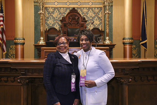 State Rep. Bettie Cook Scott (D-Detroit) attends Gov. Rick Snyder’s eighth State of the State address with special guest Cheryl Gibson-Fountain, president of the Michigan State Medical Society, on Tuesday, Jan. 23, 2018, at the state Capitol in Lansing.