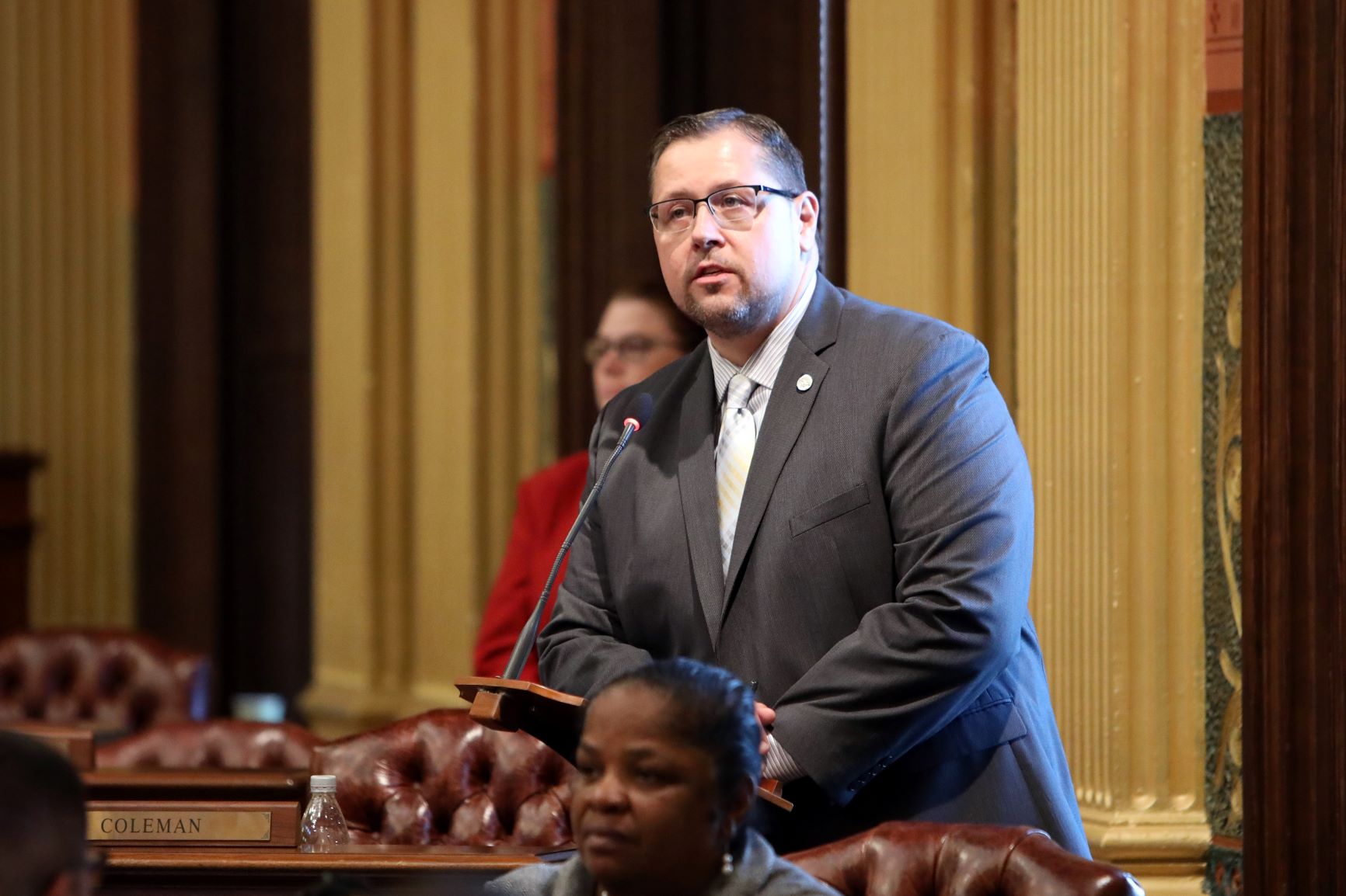 State Rep. Brian Elder (D-Bay City) was joined by SVSU President Donald Bachand for Gov. Whitmer’s second State of the State address at the Capitol in Lansing on Wednesday, Jan. 29, 2020.