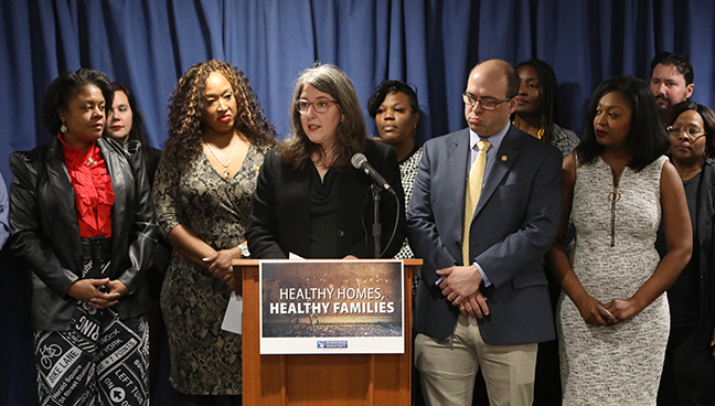 State Reps. Rachel Hood (D-Grand Rapids), Leslie Love (D-Detroit), Sherry Gay-Dagnogo (D-Detroit), John Cherry (D-Flint) and Sarah Anthony (D-Lansing) unveiling the comprehensive Healthy Homes, Healthy Families package to eliminate the threat of lead exposure in and around the home at a press conference in Lansing on Feb. 4, 2020