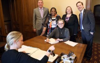 State Rep. Sheryl Kennedy (D-Davison) and members of the Educator’s Caucus state Reps. Nate Shannon (D-Sterling Heights), Brenda Carter (D-Pontiac), Lori Stone (D-Warren), Matt Koleszar (D-Plymouth) introducing HB 5497 at the Capitol in Lansing on Feb. 19, 2020