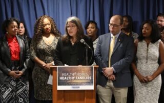 State Reps. Rachel Hood (D-Grand Rapids), Leslie Love (D-Detroit), Sherry Gay-Dagnogo (D-Detroit), John Cherry (D-Flint) and Sarah Anthony (D-Lansing) unveiling the comprehensive Healthy Homes, Healthy Families package to eliminate the threat of lead exposure in and around the home at a press conference in Lansing on Feb. 4, 2020.