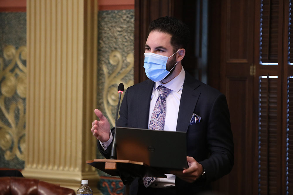 State Rep. Abdullah Hammoud (D-Dearborn) speaking on the House floor at the Capitol in Lansing on Sept. 23, 202