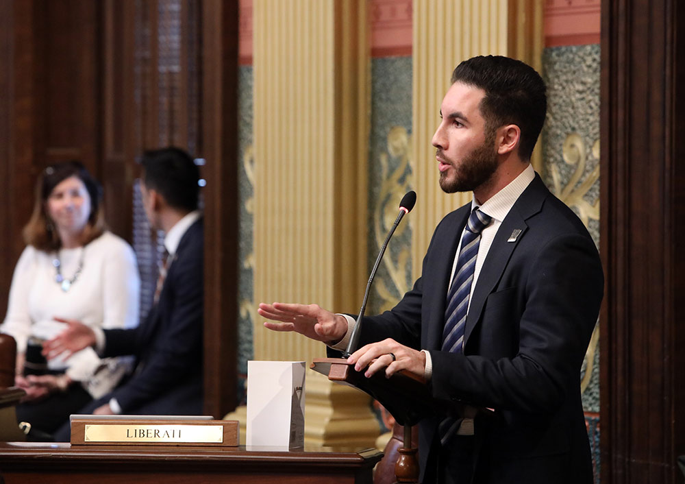 State Rep. Abdullah Hammoud (D-Dearborn) speaking on the House floor at the Capitol in Lansing on Feb. 6, 2020.