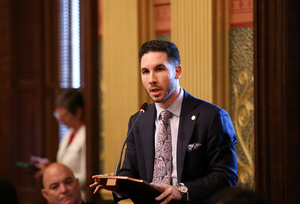 State Rep. Abdullah Hammoud (D-Dearborn) speaking on the House floor at the Capitol in Lansing on June 13, 2019.