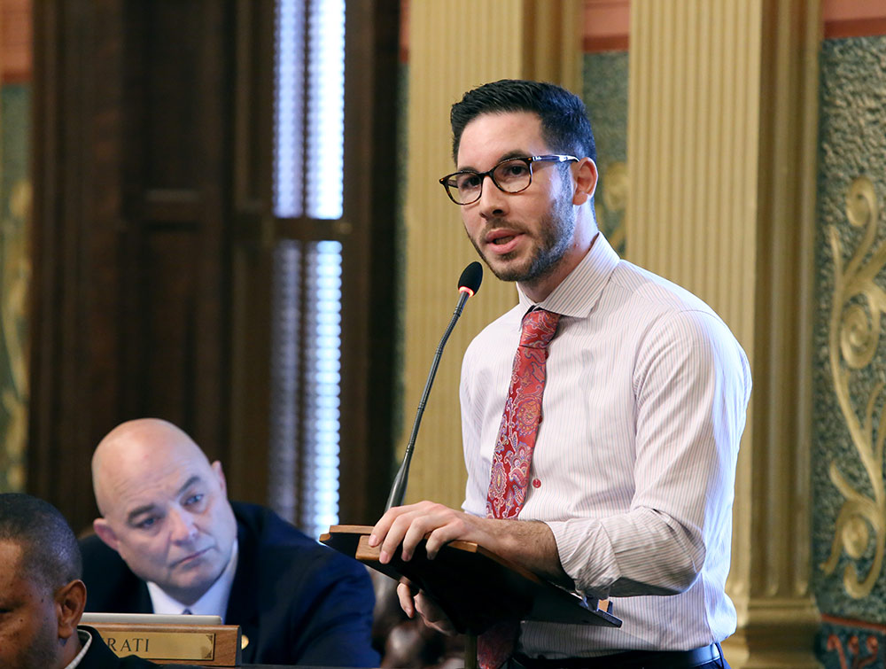 State Rep. Abdullah Hammoud (D-Dearborn) speaking on the House floor at the Capitol in Lansing.