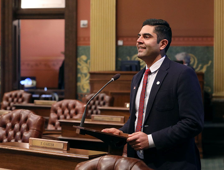 State Rep. Ranjeev Puri (D-Canton) speaks on the House floor March 10, 2021.