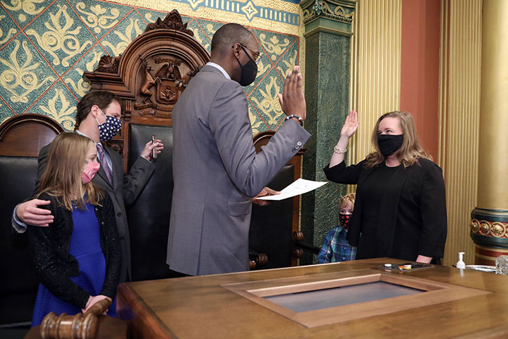 Lieutenant Governor Garlin Gilchrist swore in newly-elected state Representative Kelly Breen (D-Novi) on December 16, 2020.
