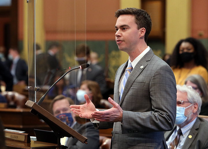 State Rep. Kevin Coleman (D-Westland) speaks to his bill that would allow excused absence from public school for the purpose of sounding "Taps" at a military honor funeral, on April 14, 2021.