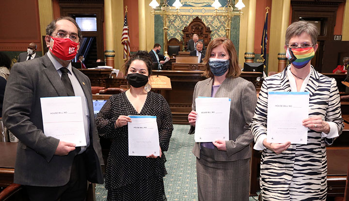 State Reps. Tim Sneller (D-Burton), Mary Cavanagh (D-Redford Twp.), Julie Rogers (D-Kalamazoo) and Julie Brixie (D-East Lansing) submitted a bill package that would make it easier for thousands of children in Michigan’s foster care system to find permanent, loving homes and families, on Wednesday, April 21, 2021.