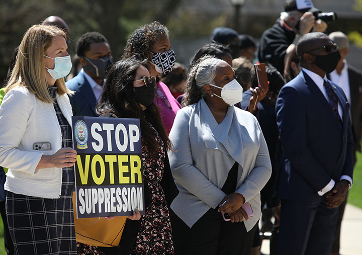 Democratic Leader Donna Lasinski (D-Scio Twp.), and fellow state Reps. Mary Cavanagh (D-Redford Twp.), Felicia Brabec (D-Ann Arbor) and Helena Scott (D-Detroit) attended a voting rights rally at the Capitol on April 13, 2021.