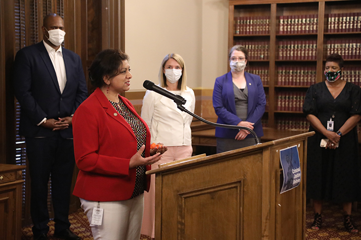 State Rep. Padma Kuppa (D-Troy) spoke at a bipartisan press conference introducing sentencing guidelines reform legislation, on June 25, 2020.
