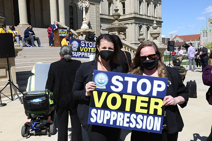 State Reps. Kelly Breen (D-Novi) and Samantha Steckloff (D-Farmington Hills) attended a voting rights rally at the Capitol on April 13, 2021.