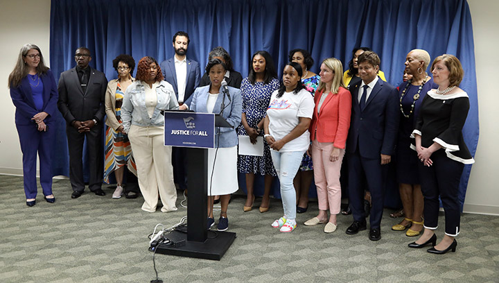 State Reps. Tenisha Yancey (D-Harper Woods), Sarah Anthony (D-Lansing), and Felicia Brabec (D-Pittsfield) held a press conference to unveil their plan for police reforms in Michigan, on June 8, 2021. The Justice for All plan aims to improve safety and restore public trust through increased accountability measures and banning archaic and dangerous police procedures, including no-knock warrants and chokeholds.