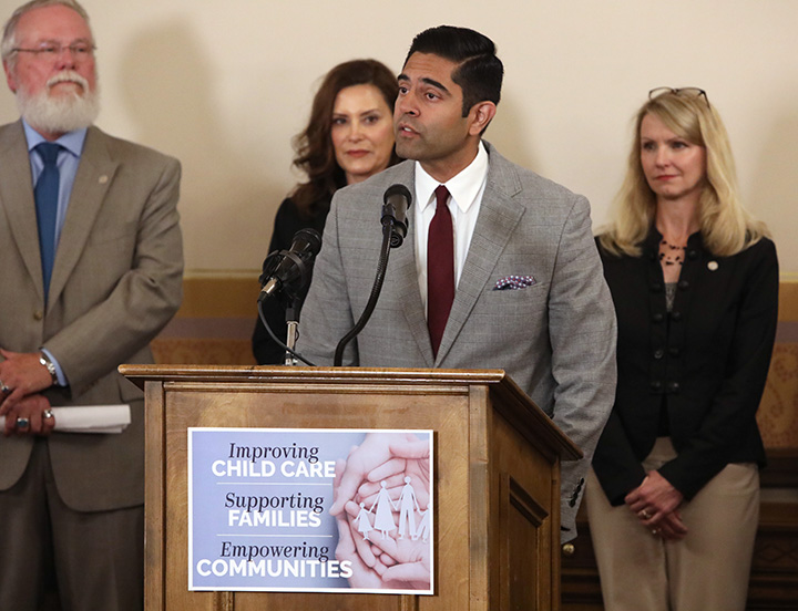 State Rep. Ranjeev Puri (D-Canton) joined Gov. Gretchen Whitmer and the other members of the Governor’s Task Force on Child Care at a press conference to announce the introduction of a bipartisan package of bills to assist Michigan’s current child care facilities and providers while providing assistance for emerging child care providers, on June 15, 2021.