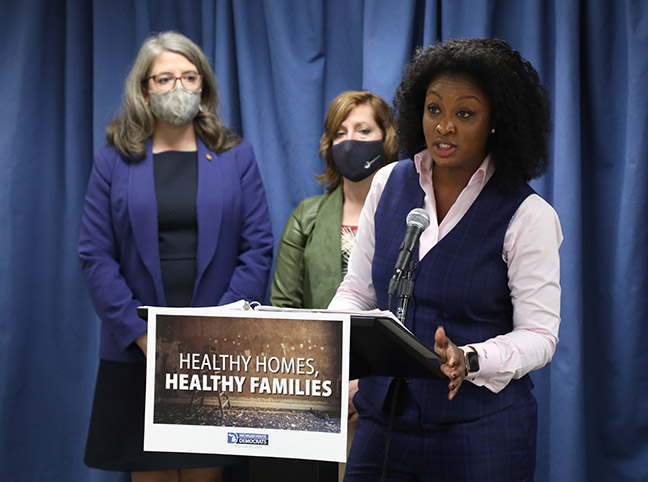 State Rep. Sarah Anthony (D-Lansing) held a press conference with state Rep. Rachel Hood (D-Grand Rapids) to discuss a package of bills aiming to enhance identification, prevention and treatment of lead exposures, on October 14, 2021.