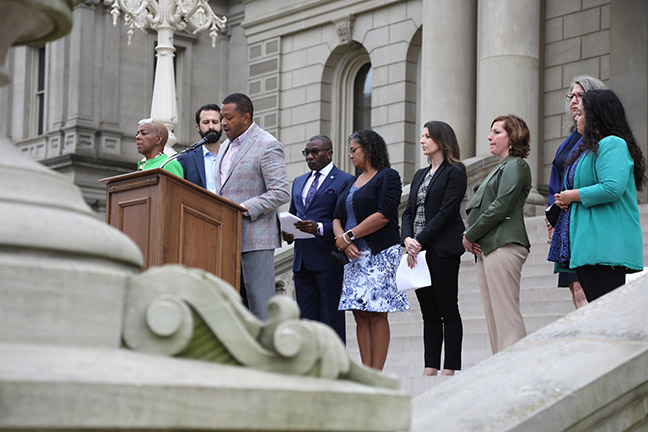 State Rep. Tyrone Carter (D-Detroit) spoke at a memorial to remember George Floyd on what would have been his 47th birthday, on the Capitol steps October 14, 2021. Floyd was a Black man killed by police on May 25, 2020, in Minneapolis.