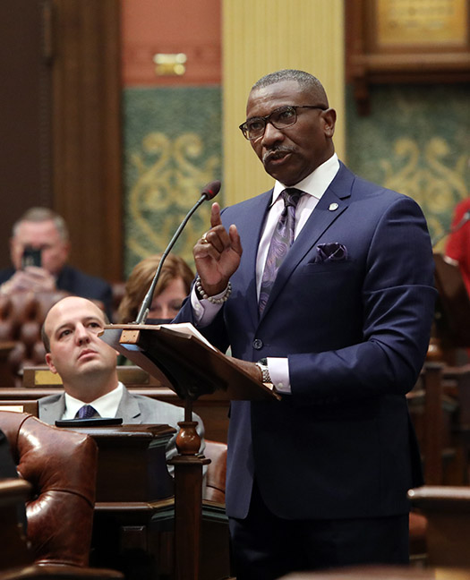 State Rep. Amos O'Neal (D-Saginaw) spoke against a package of bills designed to limit voting rights in Michigan, on October 14, 2021.