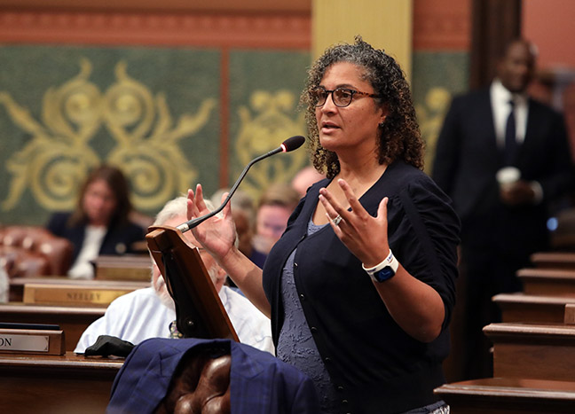 State Rep. Felicia Brabec (D-Pittsfield Township) spoke on against a package of bills designed to limit voting rights in Michigan, on October 14, 2021.