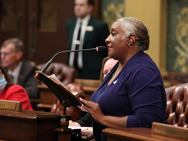 State Rep. Helena Scott (D-Detroit) spoke against a package of bills designed to limit voting rights in Michigan, on October 14, 2021.