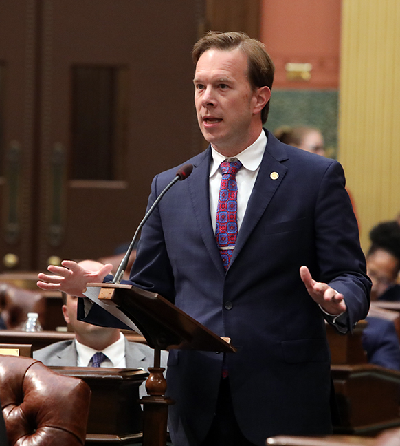 State Rep. Matt Koleszar (D-Plymouth) spoke against a package of bills designed to limit voting rights in Michigan, on October 14, 2021.