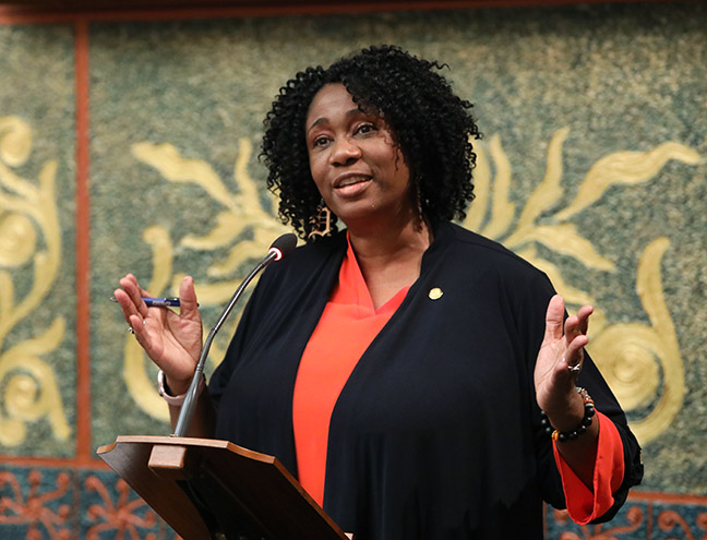 State Rep. Stephanie A. Young (D-Detroit) spoke against a package of bills designed to limit voting rights in Michigan, on October 14, 2021.