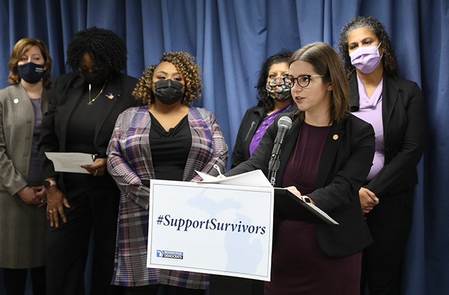 State Rep. Laurie Pohutsky (D-Livonia) and other members of the House Progressive Women’s Caucus (PWC) held a press conference to unveil a package of bills to prevent domestic violence, support survivors and help protect survivors from further abuse, on October 28, 2021.