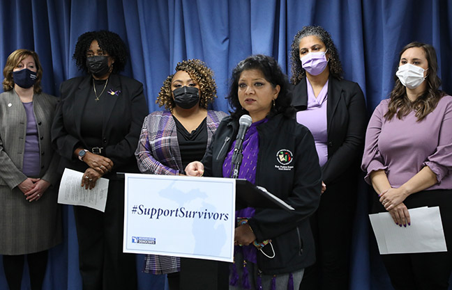 State Rep. Padma Kuppa (D-Troy) and other members of the House Progressive Women’s Caucus (PWC) held a press conference to unveil a package of bills to prevent domestic violence, support survivors and help protect survivors from further abuse, on October 28, 2021.