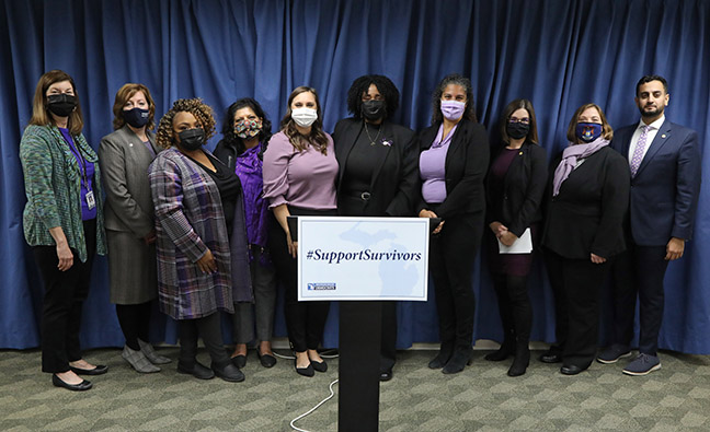 State Rep. Julie M. Rogers (D-Kalamazoo) and other members of the House Progressive Women’s Caucus (PWC) held a press conference to unveil a package of bills to prevent domestic violence, support survivors and help protect survivors from further abuse, on October 28, 2021.