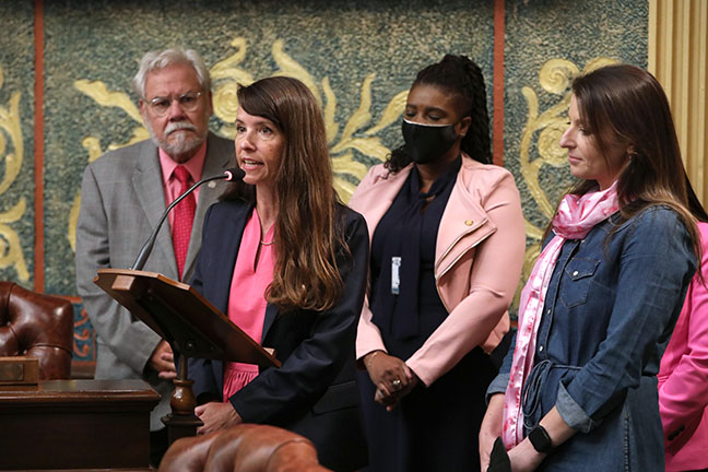 State Rep. Christine Morse (D-Texas Township) spoke on a resolution to recognize October as Breast Cancer Awareness Month in Michigan, on September 30, 2021. Morse is a breast cancer survivor.