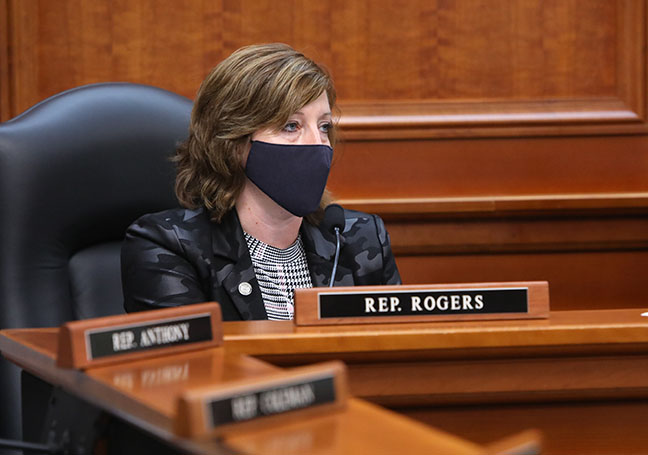 State Rep. Julie Rogers (D-Kalamazoo), the new Democratic Vice Chair of the House Committee on Military, Veterans and Homeland Security, listens to testimony on October 5, 2021.