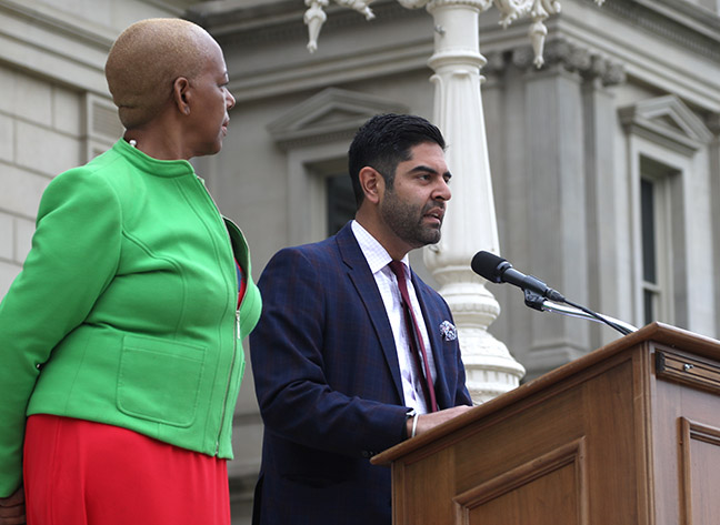 State Rep. Ranjeev Puri (D-Canton) spoke at a memorial to remember George Floyd on what would have been his 47th birthday, on the Capitol steps October 14, 2021. Floyd was a Black man killed by police on May 25, 2020, in Minneapolis.