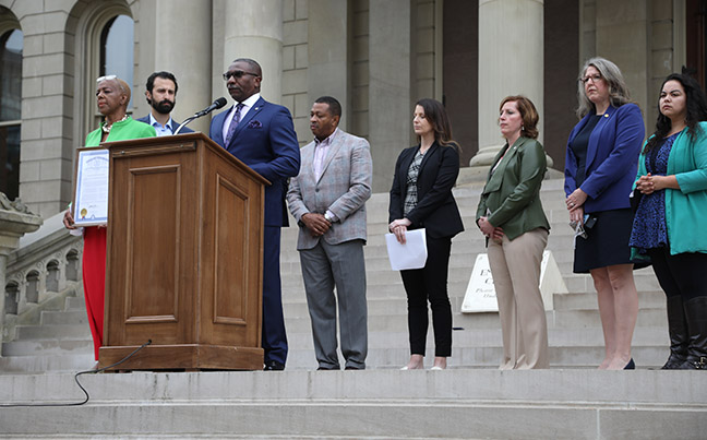 State Rep. Amos O'Neal (D-Saginaw) spoke at a memorial to remember George Floyd on what would have been his 47th birthday, on the Capitol steps October 14, 2021. Floyd was a Black man killed by police on May 25, 2020, in Minneapolis.