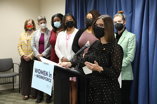 State Rep. Laurie Pohutsky (D-Livonia) spoke at a Women in the Workforce press conference on September 29, 2021.