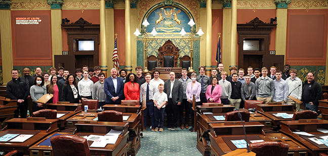 State Reps. Sarah Anthony (D-Lansing), Julie Brixie (D-Meridian Township), Kara Hope (D-Holt), Angela Witwer (D-Delta Township) and State Sen. Curtis Hertel Jr. (D-Lansing) welcomed the Division Six State Champion Lansing Catholic football team, and their coaches and parents, to the State Capitol on Wednesday, Feb 23, 2022.