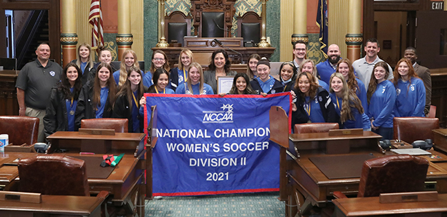 State Rep. Angela Witwer (D-Delta Township) welcomed the National Christian College Athletic Association DII champion Great Lakes Christian College women's soccer team to the House Floor on Wednesday, March 2, 2022.