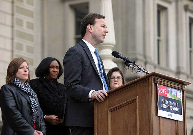 State Rep. Matt Koleszar (D-Plymouth) and members of the House Democratic Caucus held a press conference to announce another round of bills that protect the right to vote and take down unnecessary barriers between Michiganders and their franchise, on the Capitol steps on March 16, 2022.