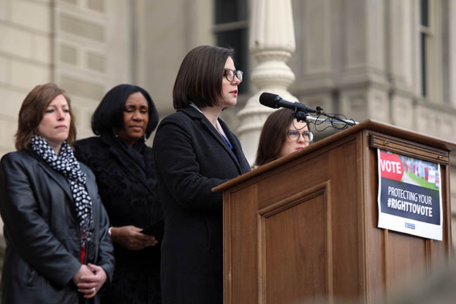 State Rep. Laurie Pohutsky (D-Livonia) and members of the House Democratic Caucus held a press conference to announce another round of bills that protect the right to vote and take down unnecessary barriers between Michiganders and their franchise, on the Capitol steps on March 16, 2022.