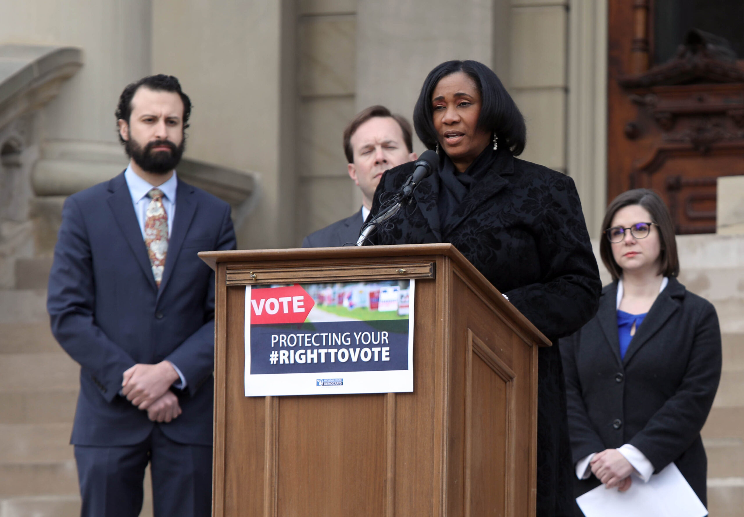 State Rep. Stephanie Young (D-Detroit) and members of the House Democratic Caucus held a press conference to announce another round of bills that protect the right to vote and take down unnecessary barriers between Michiganders and their franchise, on the Capitol steps on March 16, 2022.