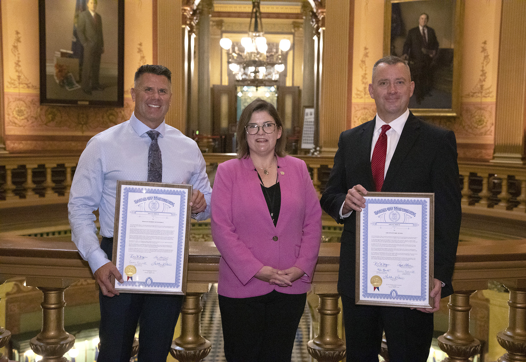 State Rep. Hope (D-Holt) presented tributes to Lieutenant Eric Jungel and Sergeant Robert McElmurray in the Capitol rotunda to congratulate them on their retirement from the Ingham County Sheriff's Office, on August 26, 2021.