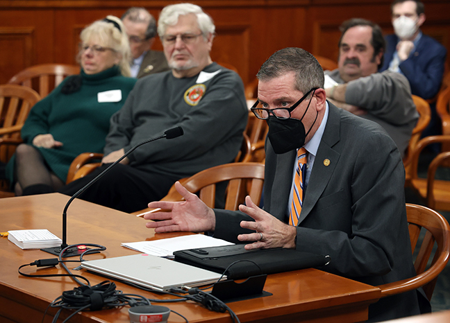 State Rep. Nate Shannon (D-Sterling Heights) testified on House Bill 5565, which modifies property tax exemptions for disabled veterans, in the House Committee on Military, Veterans and Homeland Security on February 22, 2022.