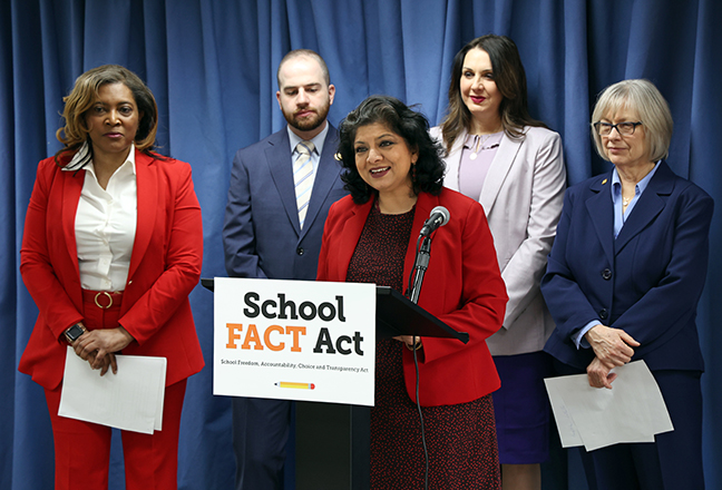 House and Senate Democratic legislators held a press conference to unveil a 22-bill bicameral package to provide parents and taxpayers with transparent information about education options, on March 1, 2022. The School Freedom, Accountability, Choice and Transparency (FACT) Act would shed light on the authorizing organizations that oversee charter schools and the education management organizations that run them.