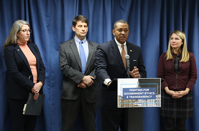 State Rep. Tyrone Carter (D-Detroit) and members of the House Democratic Caucus gathered to urge the legislative majority to take action on bills that would bring more transparency and accountability to state government, at a press conference on March 8, 2022. Michigan consistently ranks last in the nation on ethics and transparency structures, and House Democrats continue their fight to change that in preparation for Sunshine Week.