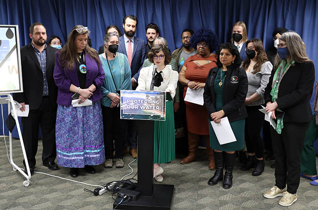 State Reps. Rachel Hood (D-Grand Rapids), Padma Kuppa (D-Troy), Laurie Pohutsky (D-Livonia) and Yousef Rabhi (D-Ann Arbor) announced legislation to ensure Michigan’s water is managed in the best interests of the public, at a press conference on March 17, 2022.