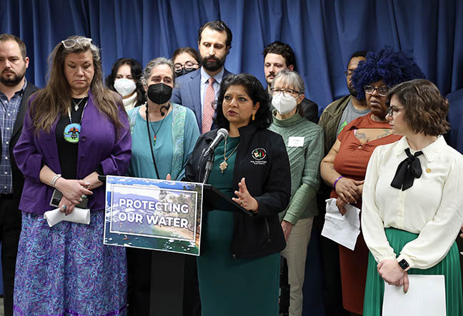 State Reps. Rachel Hood (D-Grand Rapids), Padma Kuppa (D-Troy), Laurie Pohutsky (D-Livonia) and Yousef Rabhi (D-Ann Arbor) announced legislation to ensure Michigan’s water is managed in the best interests of the public, at a press conference on March 17, 2022.