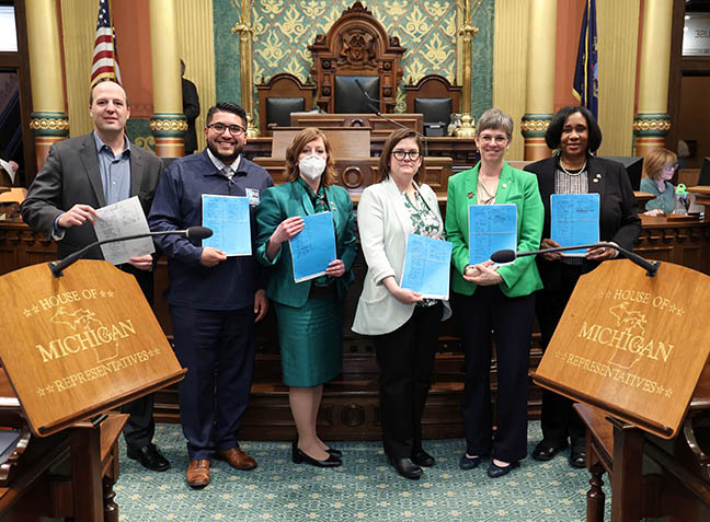 State Reps. Kevin Hertel (D-St. Claire Shores), Alex Garza (D-Taylor), Julie Rogers (D-Kalamazoo), Kara Hope (D-Holt), Julie Brixie (D-Meridian Township) and Stephanie Young (D-Detroit) submitted a bill package that would ensure fair and secure elections, on March 17, 2022.
