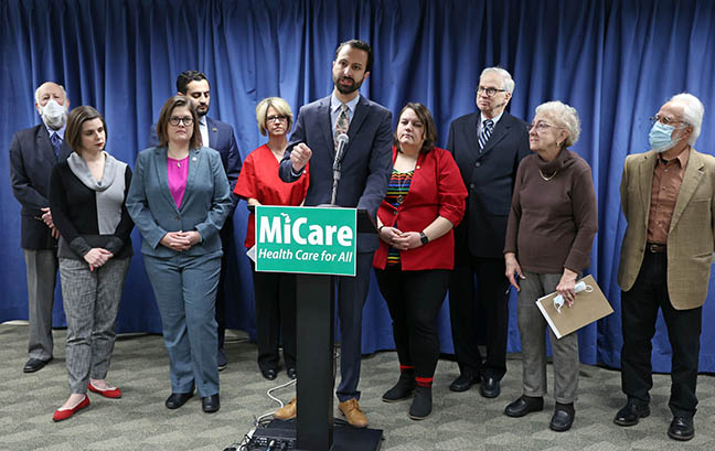 State Rep. Yousef Rabhi (D-Ann Arbor) announced House Bill 5966, a universal single-payer plan to provide comprehensive health coverage to every resident of Michigan, March 23, 2022. MiCare would be publicly administered, cutting out the profit motive and removing costly bureaucracy designed to deny care. Rabhi was joined at the announcement by advocates and organizations supporting universal health care, including the Michigan Nurses Association, Michigan for Single Payer Healthcare, Michigan Universal Health Care Action Network and Physicians for a National Health Plan.