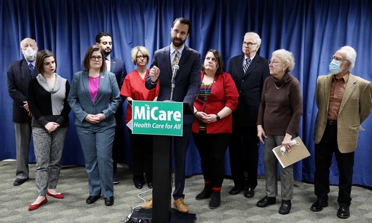 State Rep. Yousef Rabhi (D-Ann Arbor) speaks at a press conference announcing the reintroduction of his MiCare proposal, a universal single-payer health care plan.