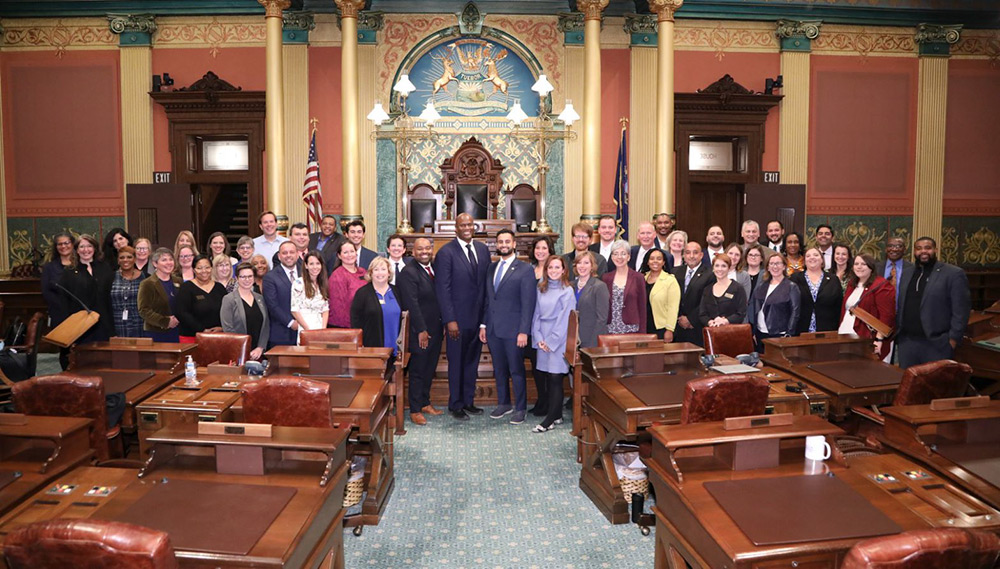 In addition to electing the first African-American Speaker of the Michigan House, State Rep. Abraham Aiyash made history by becoming the first Arab American Majority Floor Leader, who took a selfie at my desk on the House floor surrounded by team Young.