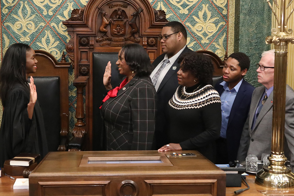 I was sworn in by the first African-American female Justice of the Michigan Supreme Court, Kyra Harris Bolden, surrounded by team Young, including my son David Young, my sister Karen Currington, intern Eldridge Ross and Legislative Director Kevin Shopshire.